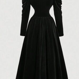 SHEIN Black V Neck Ruffle Long Sleeve Elegant Velvet Dress